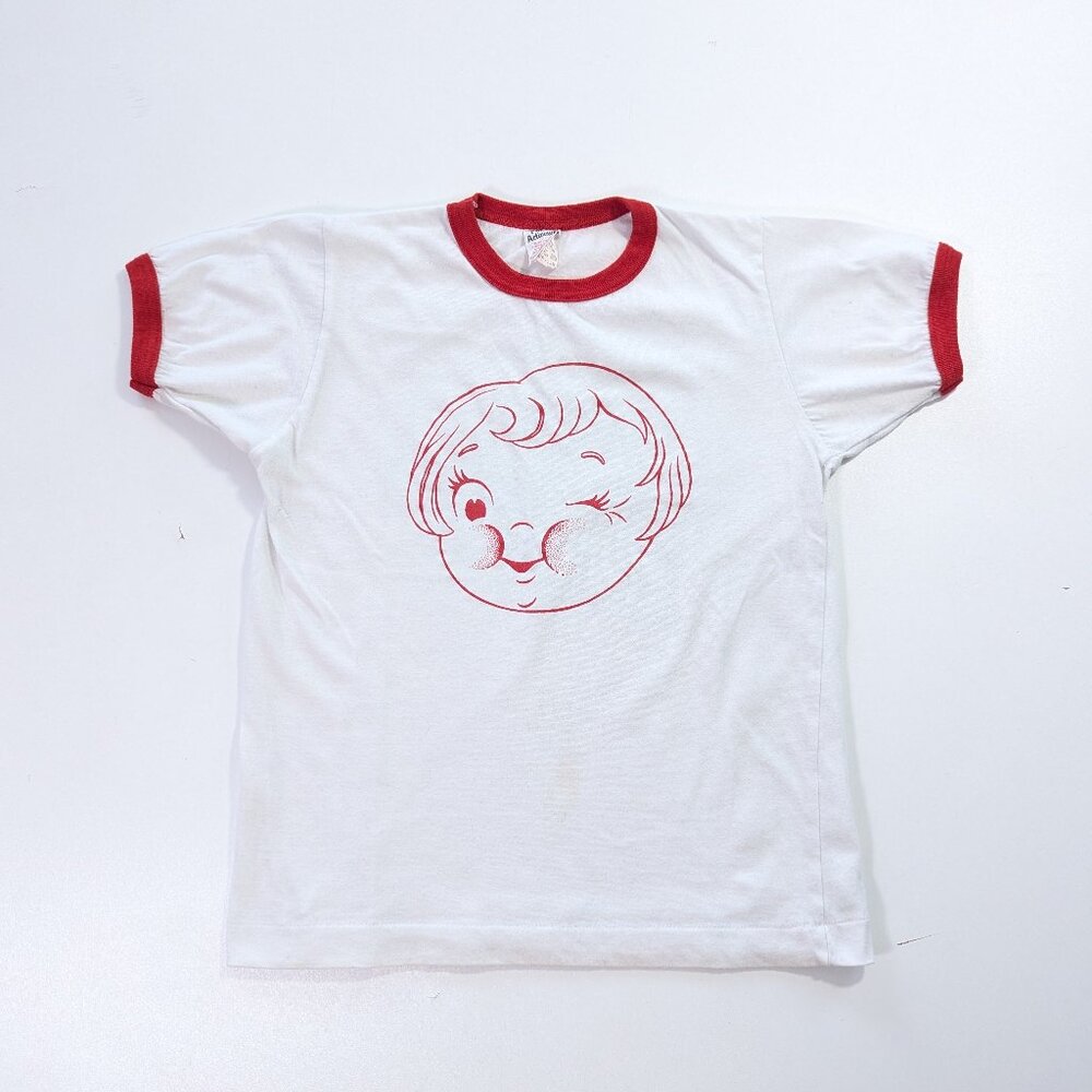 vintage 1980s/1970s campbell's soup kid face retro baby ringer tee made in canad